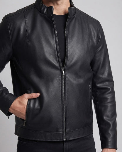 Men's slim-fit biker blouson jacket in leather look with high collar and thermally insulated inner lining EVA-US