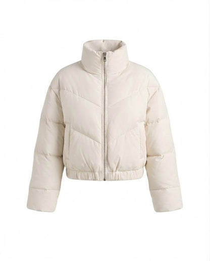Women's cropped padded puffer jacket with high stand-up collar and elastic hem