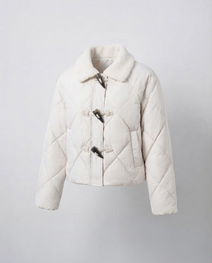 Women's short quilted puffer jacket with teddy collar, toggle and two-way zipper