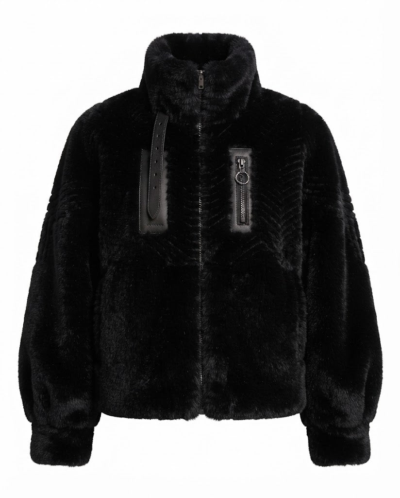 Women's cozy faux fur jacket with stand-up collar, zippered pocket and feminine balloon sleeve silhouette