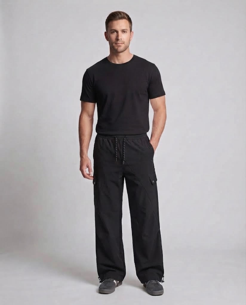 Men's Wide Tech Cargo Pants in Baggy Fit with Drawstring & Flap Pockets EVA-US