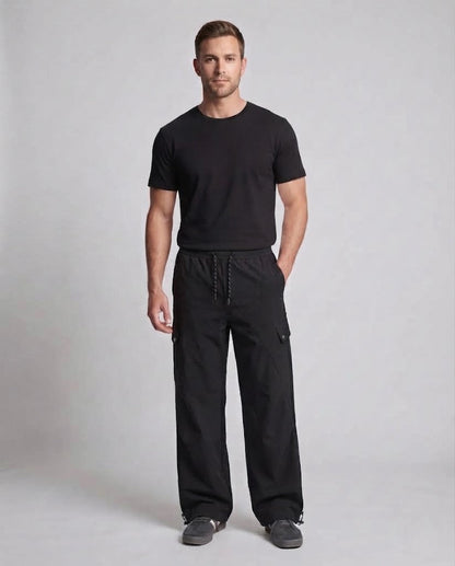 Men's Wide Tech Cargo Pants in Baggy Fit with Drawstring & Flap Pockets EVA-US