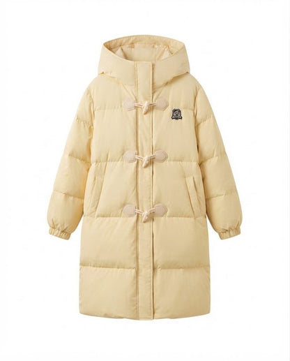 Women's longer thermal puffer coat with toggle-button front, oversized boxy cut and travel silhouette