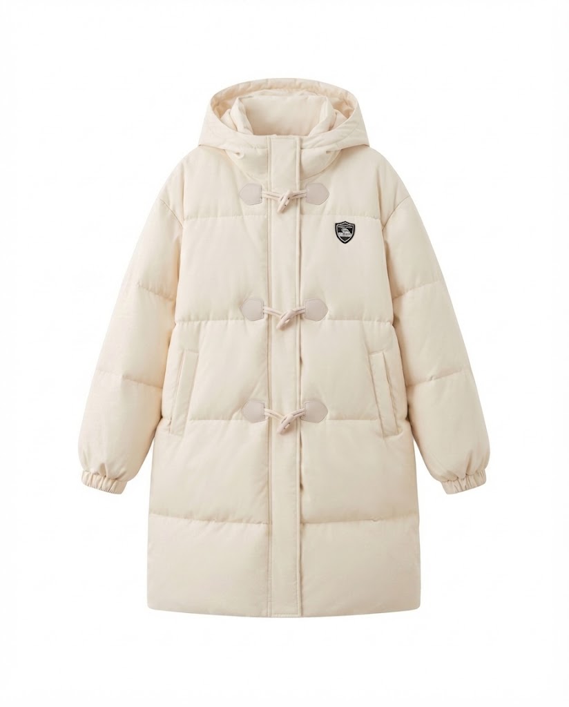 Women's long-cut thermal puffer coat with minimalist button placket, ergonomic stand-up collar, and spacious side pockets