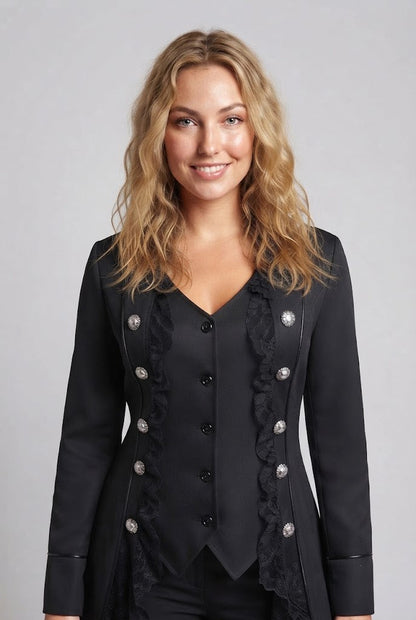 Women's elegant tailcoat with lace accents and decorative button placket EVA-US