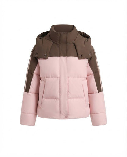 Women's short two-tone quilted short coat with removable collar trim and sporty sleeve stripes