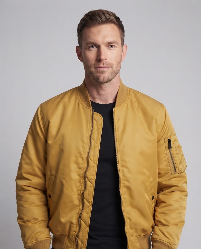 Men's nylon bomber jacket in aviator style with quilted thermal lining and sleeve utility pocket EVA-US