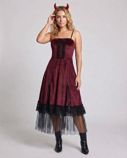 Women Vampire-Inspired Costume Dress with Sheer Tulle Layer and Ruffle Details EVA-US
