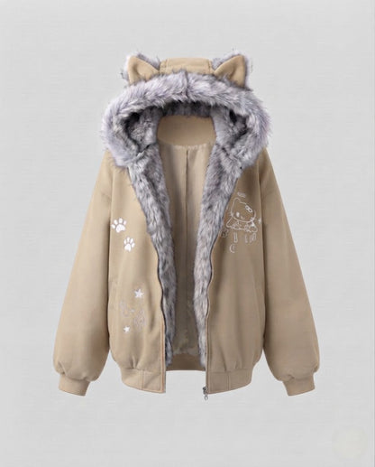 Women's oversized hoodie jacket with faux fur ears and fleece lining, all-round zipper