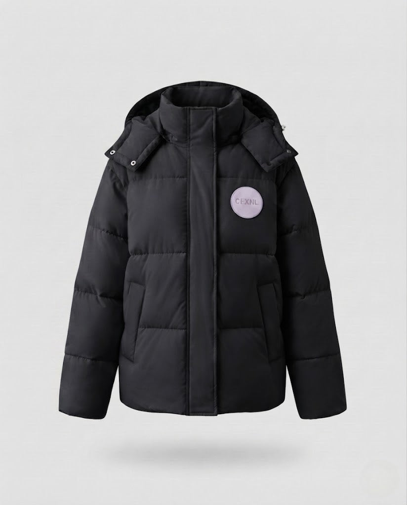 Women's oversized short quilted jacket with high stand-up collar and decorative patch application