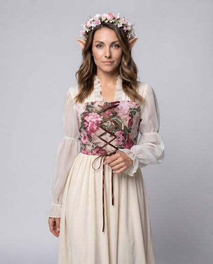 Ladies romantic maxi dress with floral design and transparent puff sleeves EVA-US