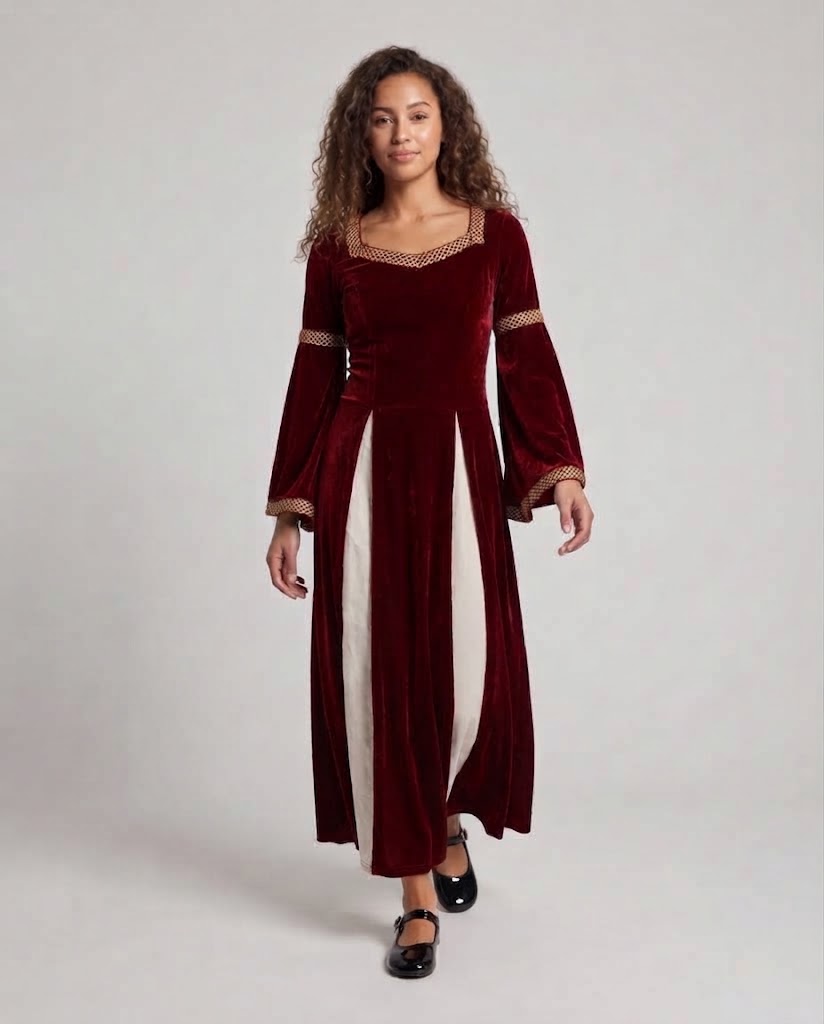 Women Historical Velvet Dress with Flared Sleeves and Decorative Collar EVA-US