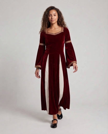 Women Historical Velvet Dress with Flared Sleeves and Decorative Collar EVA-US