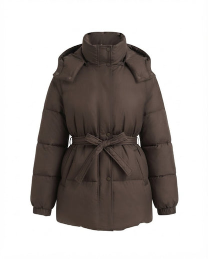 Women's mid-length quilted winter coat with tie belt, high stand-up collar and snap button placket