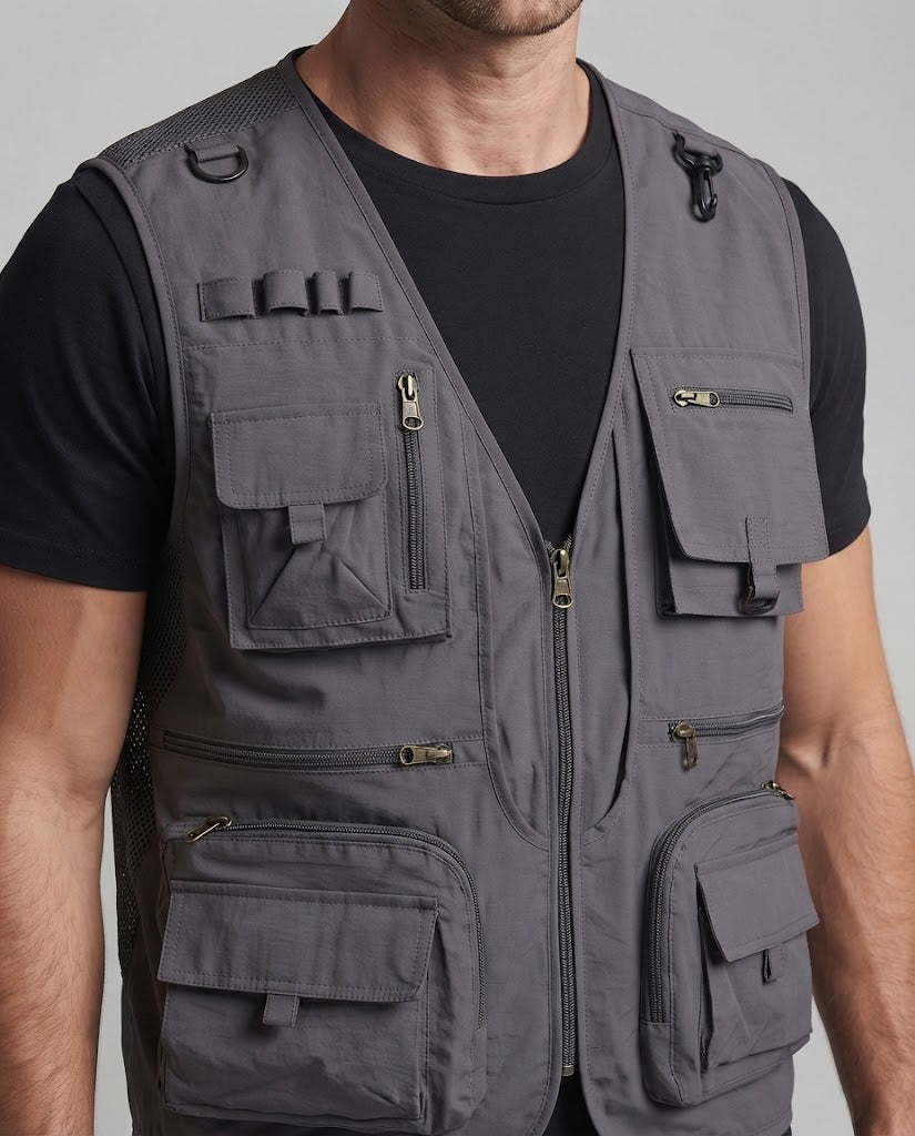 Men's multifunctional fishing and outdoor vest with mesh lining, multiple pockets, and carabiner holders EVA-US