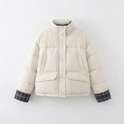 Women's short padded boxy blouson with checked lining, high collar and patch flap pockets
