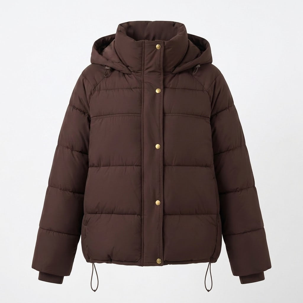 Women's padded oversized quilted jacket with high stand-up collar and adjustable drawstring