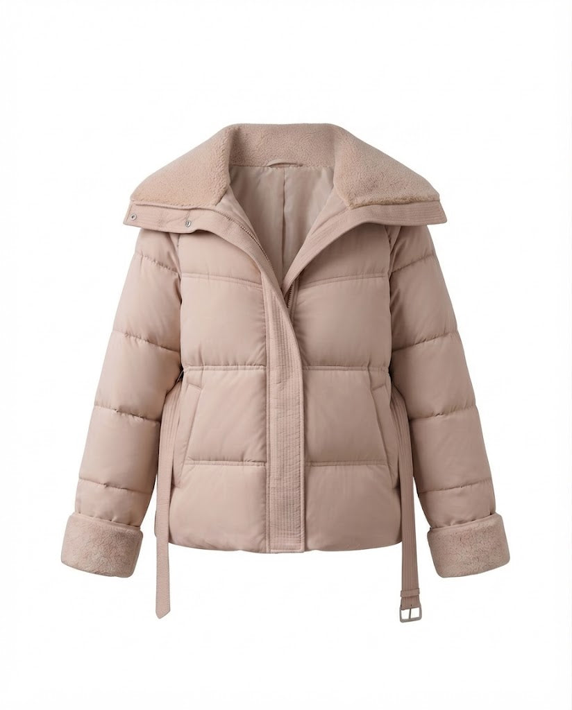 Women's short padded quilted parka with voluminous teddy collar, fitted belt, and concealed zipper