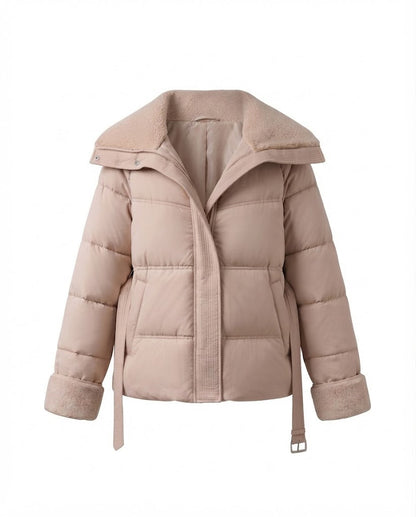Women's short padded quilted parka with voluminous teddy collar, fitted belt, and concealed zipper