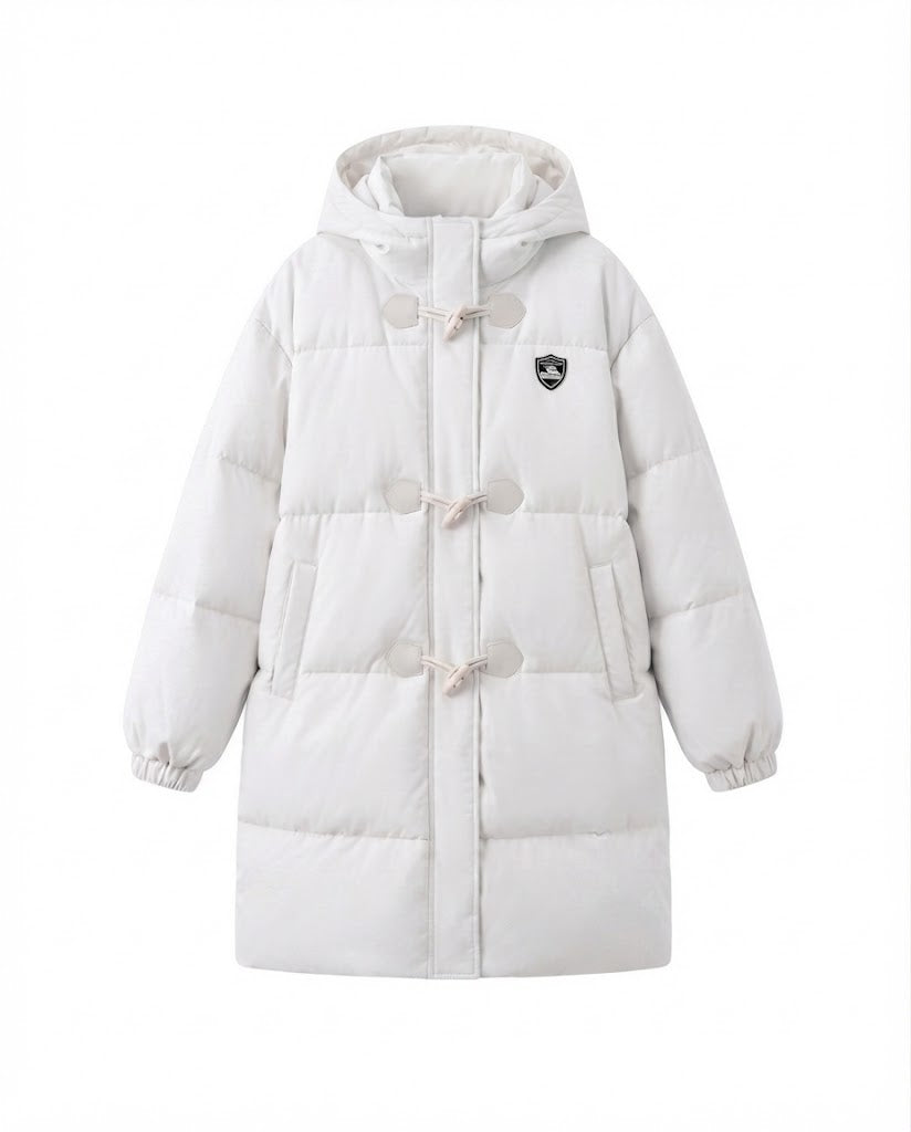 Women's long-cut thermal puffer coat with minimalist button placket, ergonomic stand-up collar, and spacious side pockets