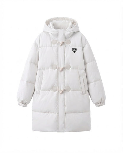 Women's long-cut thermal puffer coat with minimalist button placket, ergonomic stand-up collar, and spacious side pockets