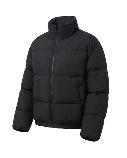 Women's short padded travel puffer without hood with high stand-up collar and elastic hem