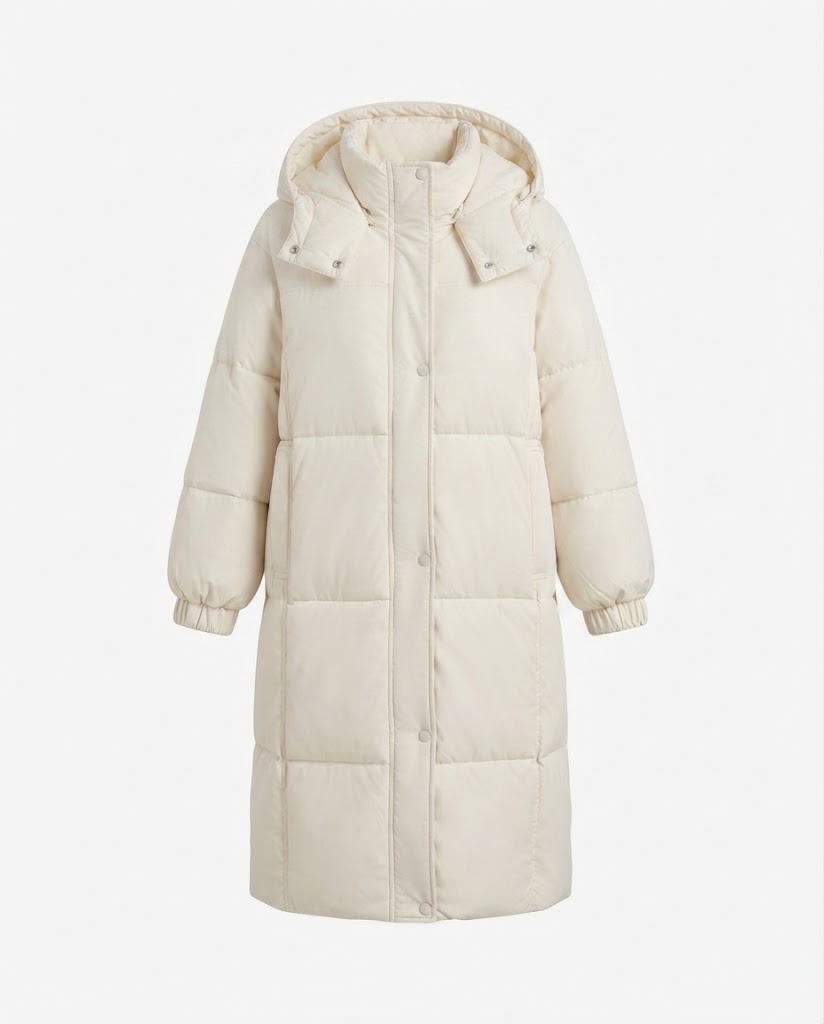 Women's longer minimalist padded coat with high wrap collar and straight square quilting seams
