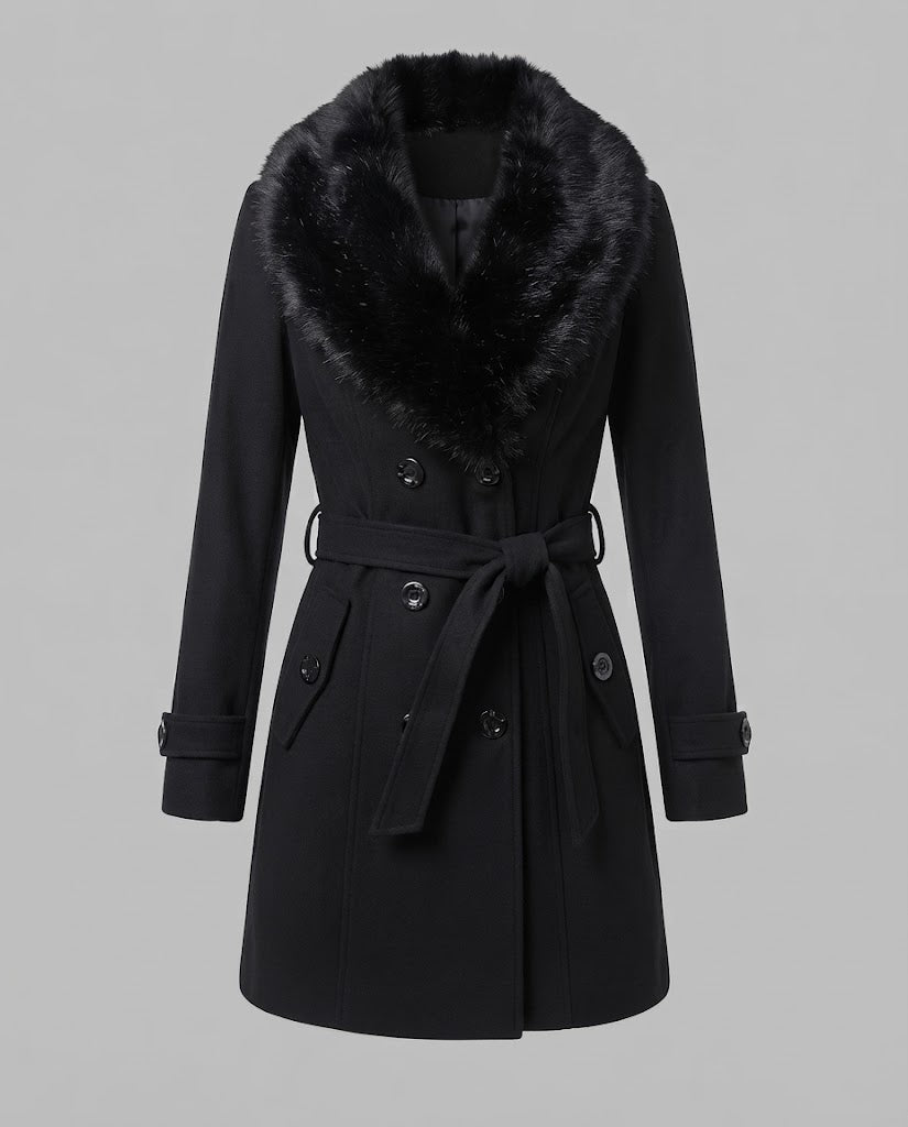 Women's Tailored Wool Blend Coat with Removable Faux Fur Collar EVA-US