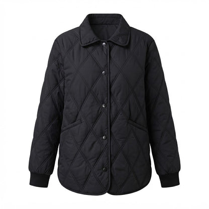 Women Quilted Wide Transitional Jacket with Diamond Pattern and Snap Fastener