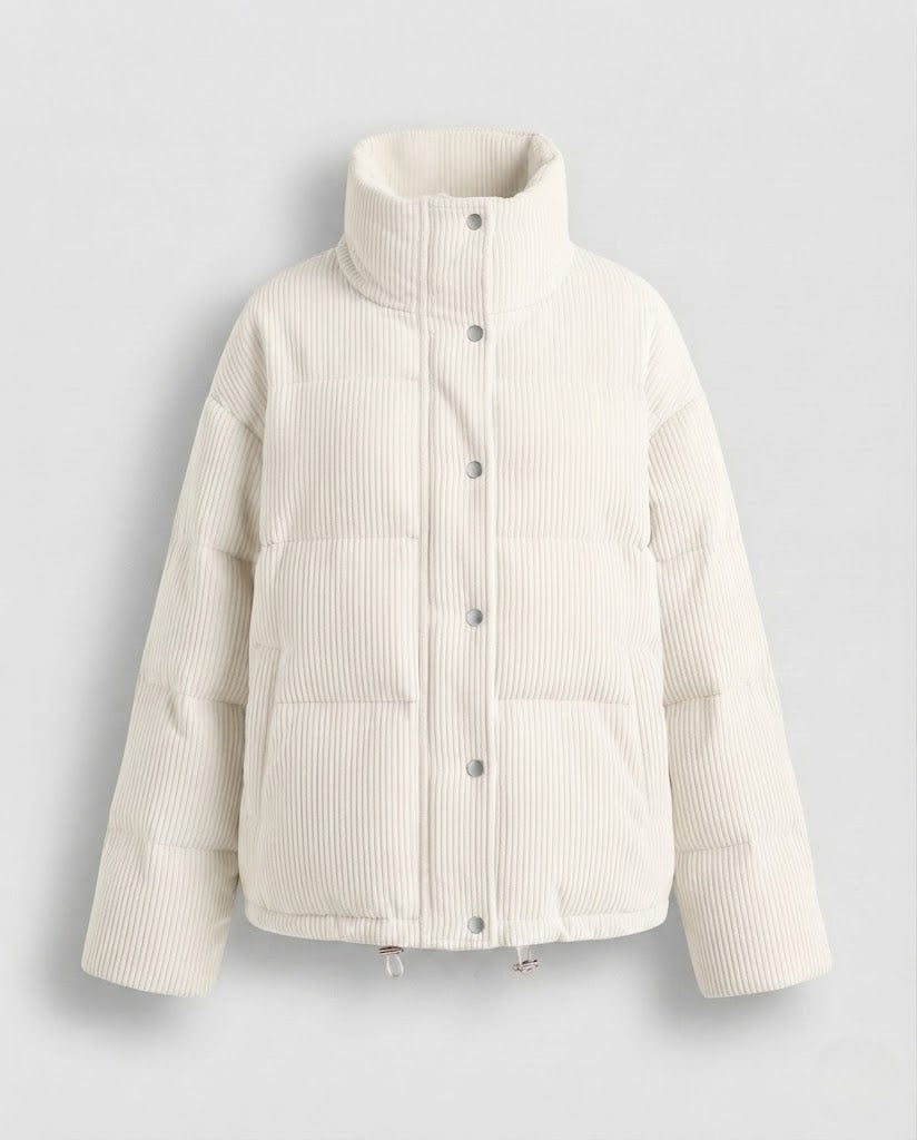 Women's oversized cord puffer jacket with hood and warming thermal insulation
