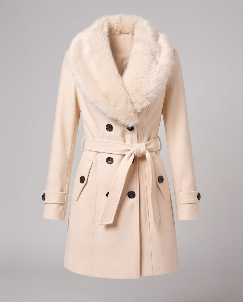 Women's Tailored Wool Blend Coat with Removable Faux Fur Collar EVA-US
