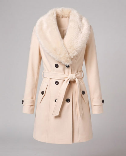 Women's Tailored Wool Blend Coat with Removable Faux Fur Collar EVA-US