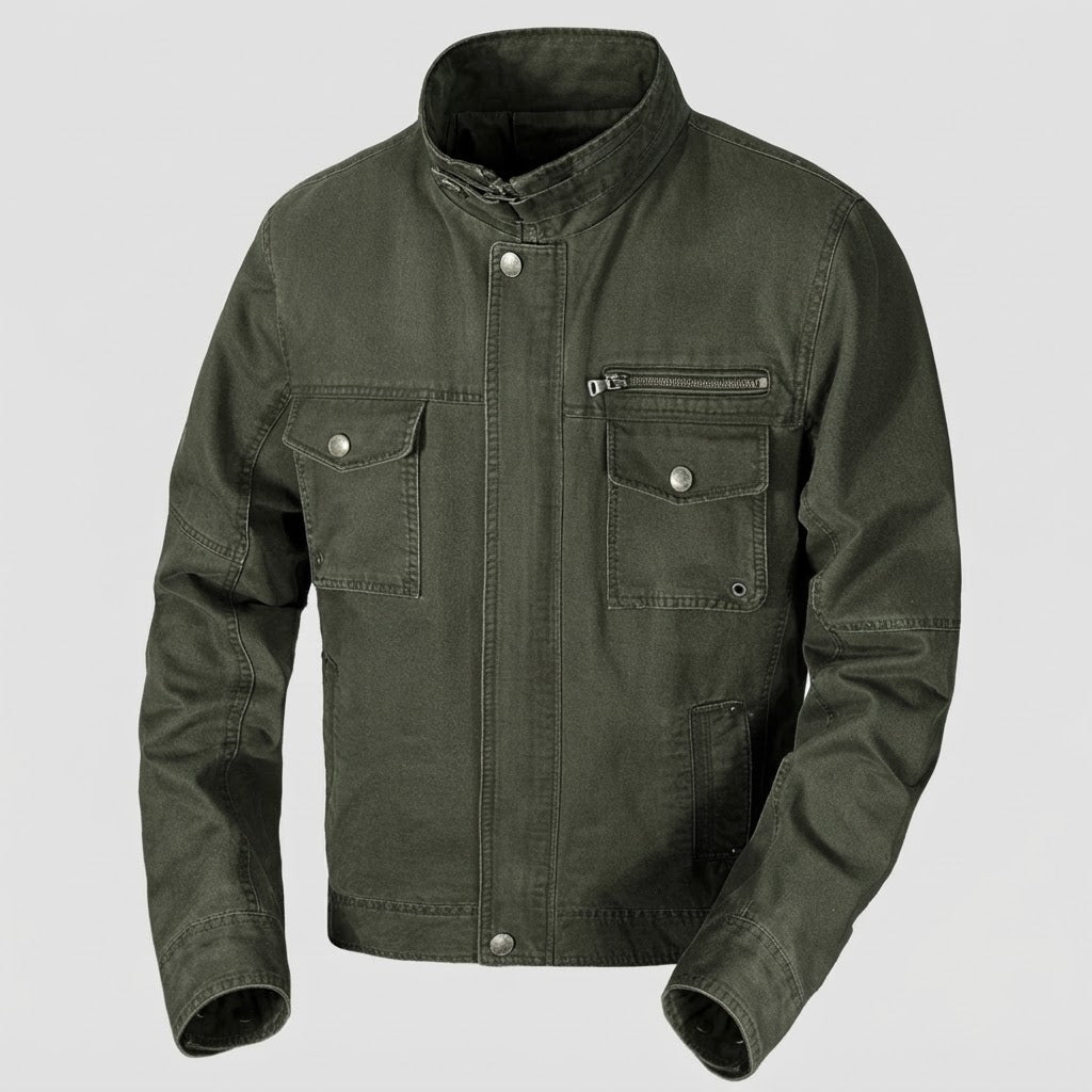Men's Canvas Outdoor Jacket in Mechanic Look with Stand-Up Collar, Chest Zipper and Utility Pockets EVA-US
