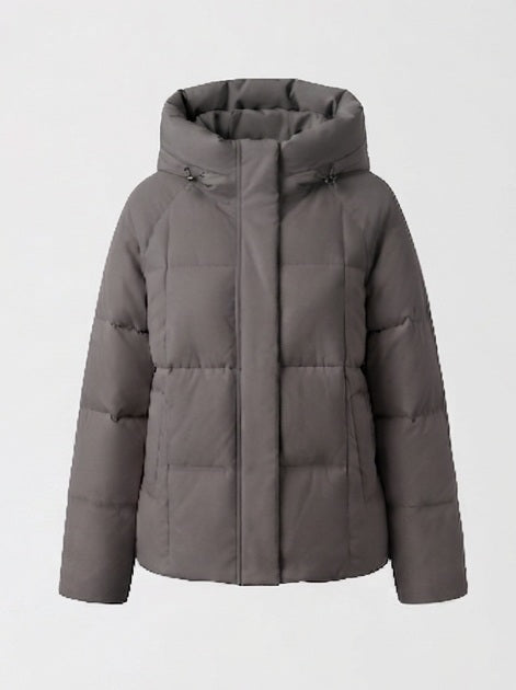 Women's short quilted hooded parka with light thermal filling, square quilting and adjustable drawstring hem