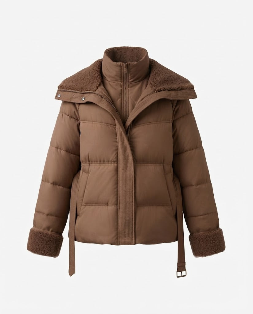 Women's short padded quilted parka with voluminous teddy collar, fitted belt, and concealed zipper