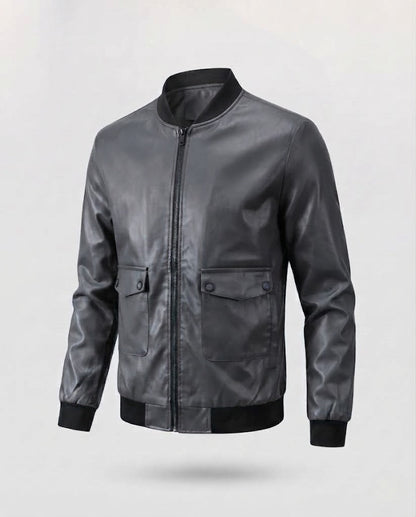 Men's Leather Look Bomber Jacket with Flap Pockets and Ribbed Cuffs EVA-US
