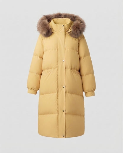 Women's longer quilted winter parka with feminine A-line, detachable hood, and extra large side pockets
