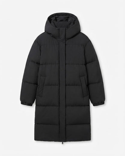 Women's nan ultra-watt-coated longline puffer with ergonomic hood, concealed snap placket, and thermoregulating insulation