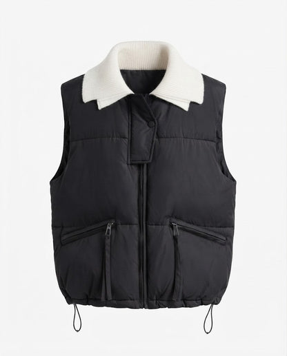 Women's lightweight padded shirt collar vest with concealed press stud placket and zip pockets