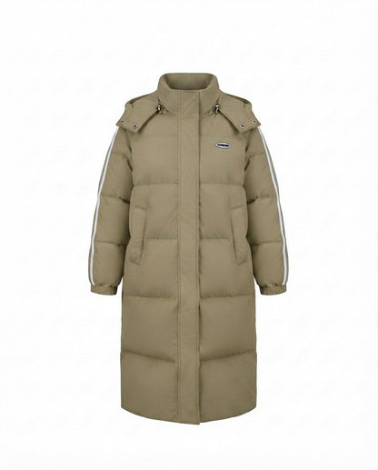 Women's nan longer quilted thermal coat with high stand-up collar, sports stripes, and integrated chest pocket