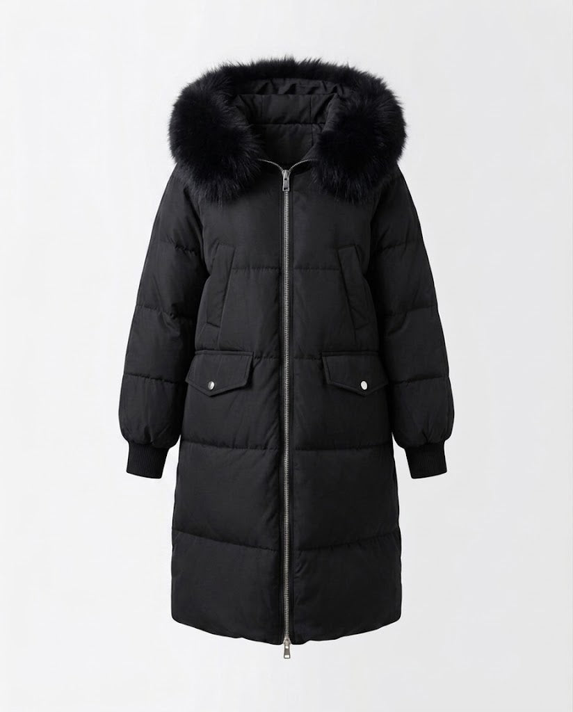 Women's longer padded hooded coat with removable fur trim and two-way zip