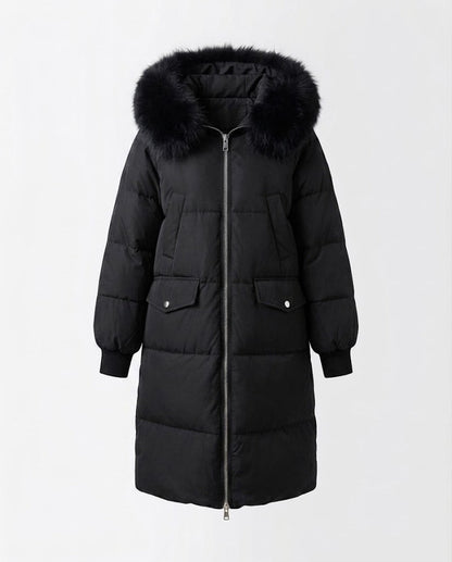 Women's longer padded hooded coat with removable fur trim and two-way zip