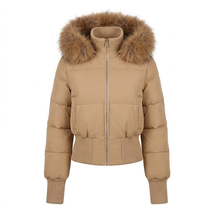 Ladies nano short padded hooded puffer with voluminous faux fur trim, ribbed cuffs, and warming thermal filling