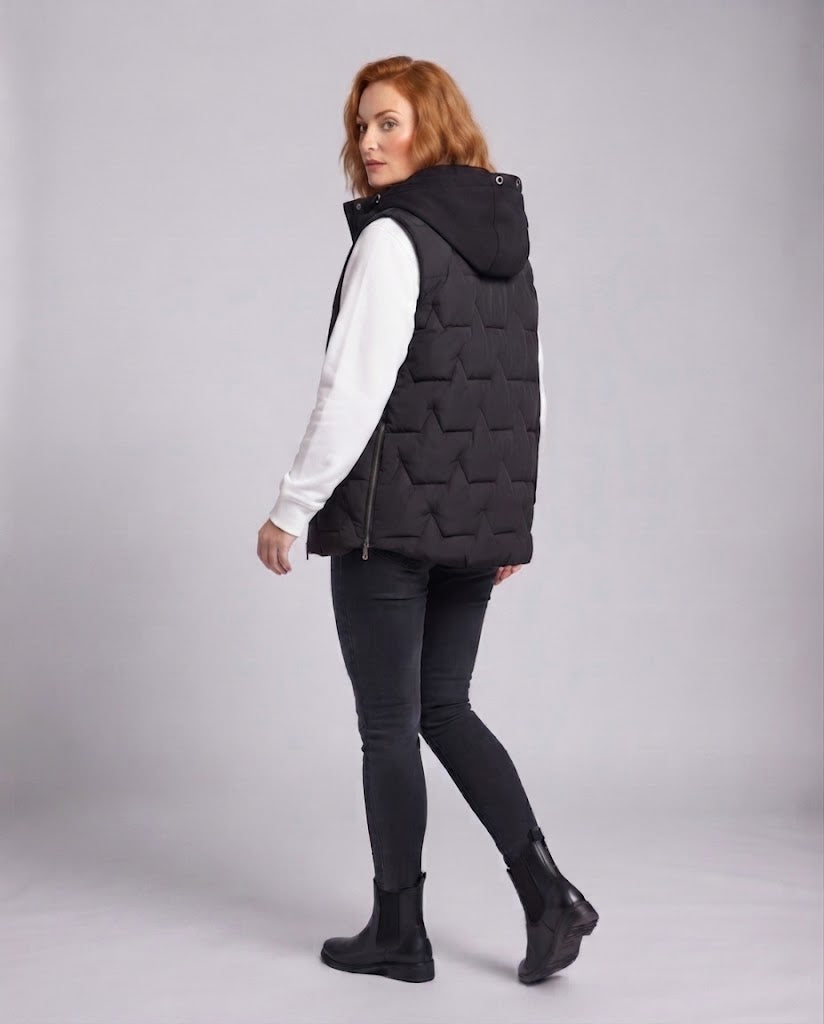 Women's long quilted hooded vest with zigzag stitching, high stand-up collar and side zip pockets