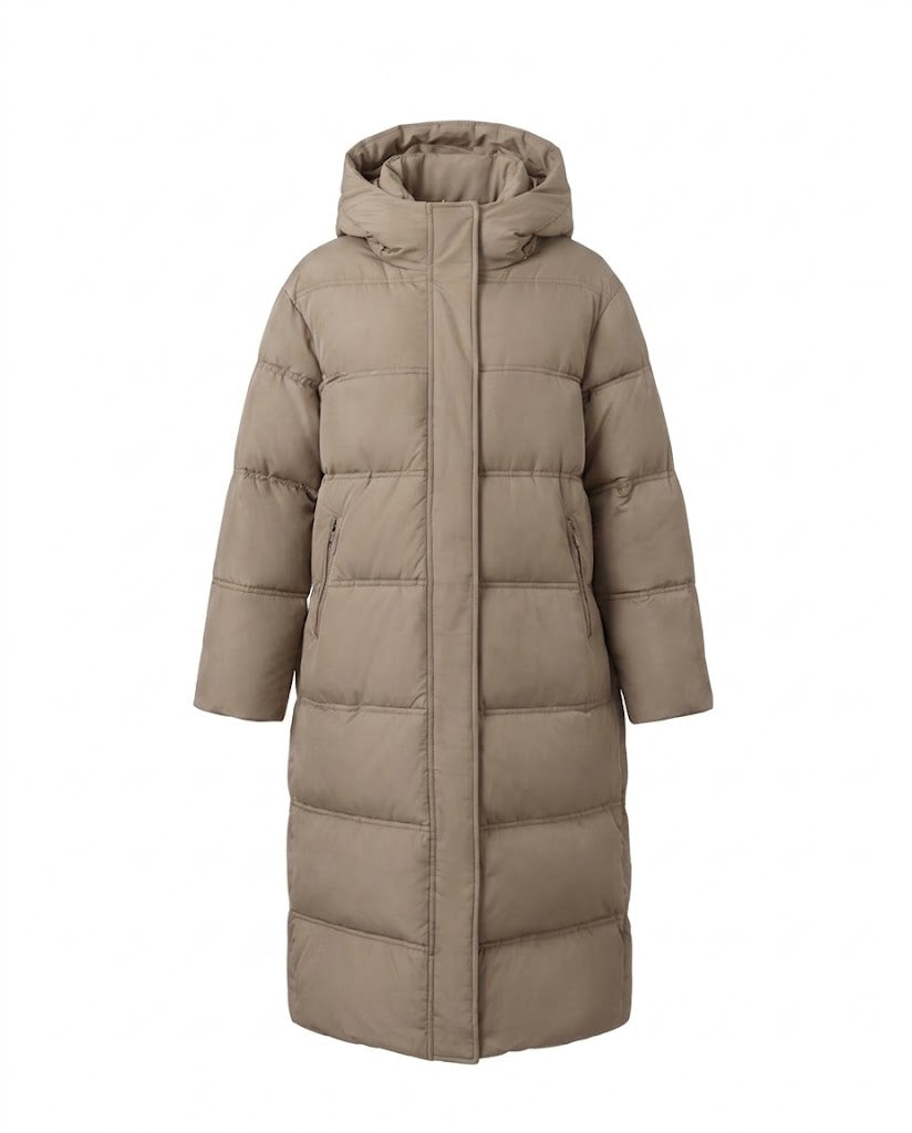 Women's longer padded quilted coat with two-way zipper, adjustable hem, and windproof outer shell