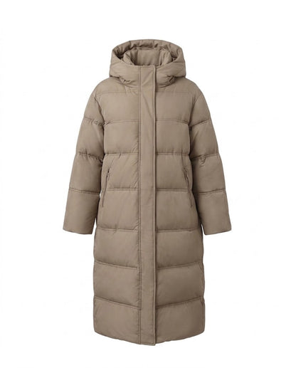 Women's longer padded quilted coat with two-way zipper, adjustable hem, and windproof outer shell