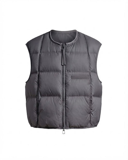 Women's ultra-lightweight padded sleeveless thermal vest with round neckline, square quilting, and adjustable drawstring hem.