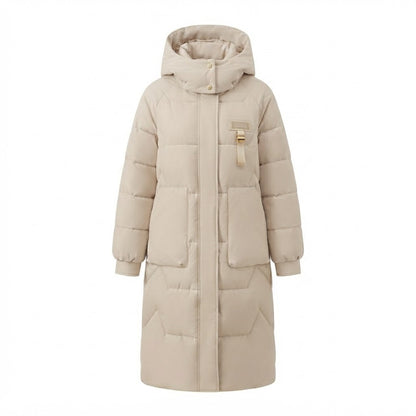 Women Long Thermal Quilted Coat with Oversized Hood and Wind Shield Flap