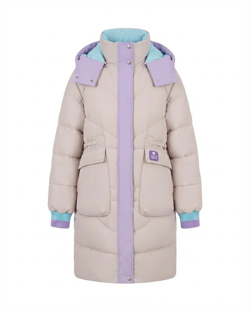 Women's longer padded hooded coat with large flap and patch pocket as well as elastic cuffs