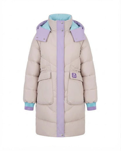 Women's longer padded hooded coat with large flap and patch pocket as well as elastic cuffs